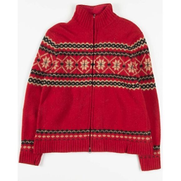 Vintage Eddie Bauer Fair Isle Red 100% Lambswool Wool Cardigan Sweater Sz medium - Picture 1 of 8